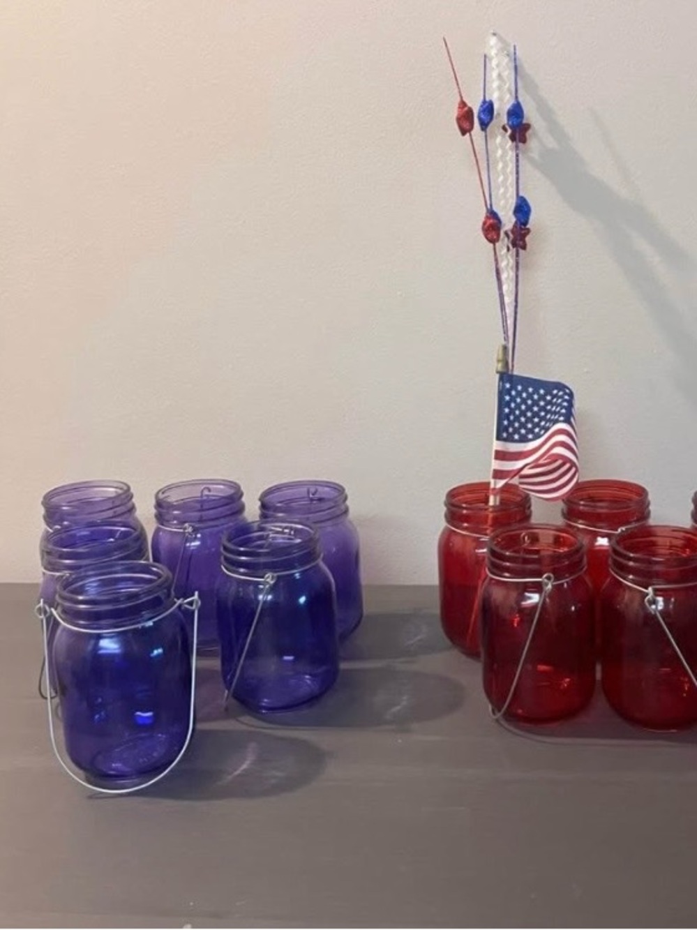 Set of Red and Purple Glass Mason Jar Vases with Handles